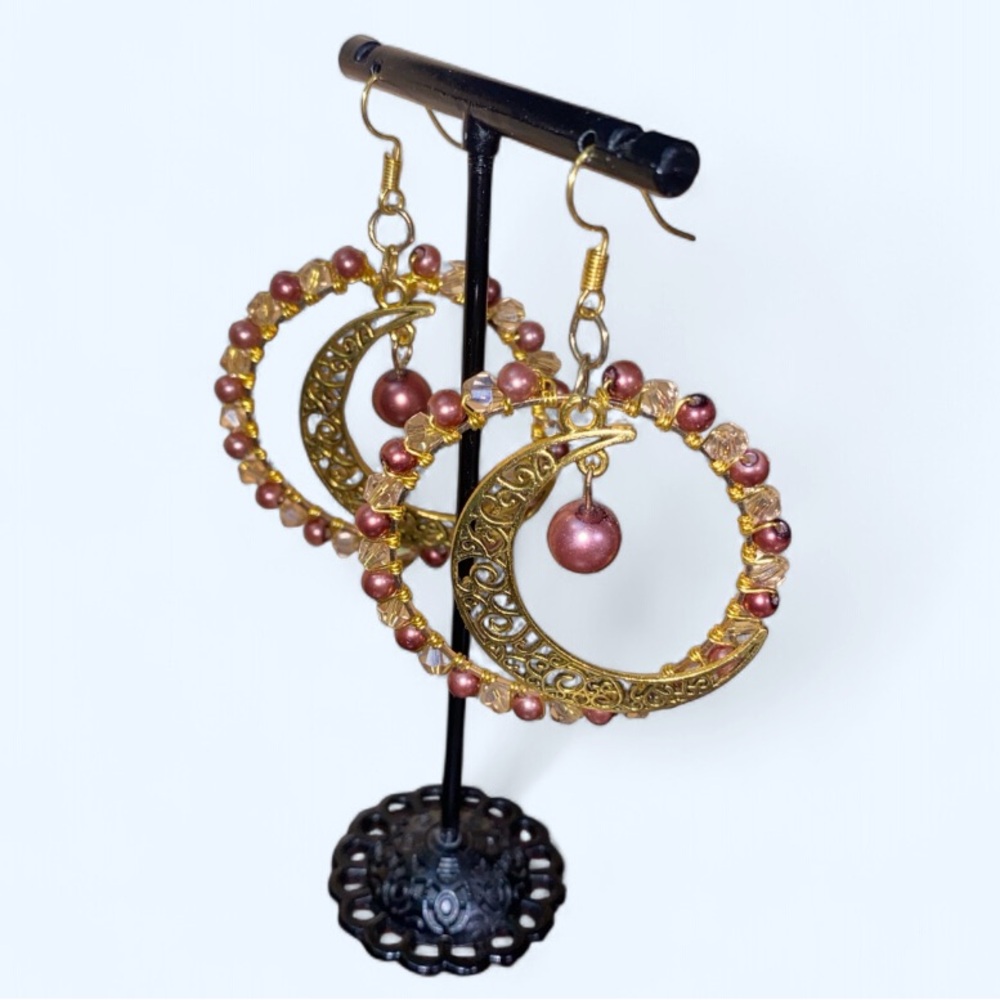 Brown Crescent Wired Wrapped Hoop Earrings